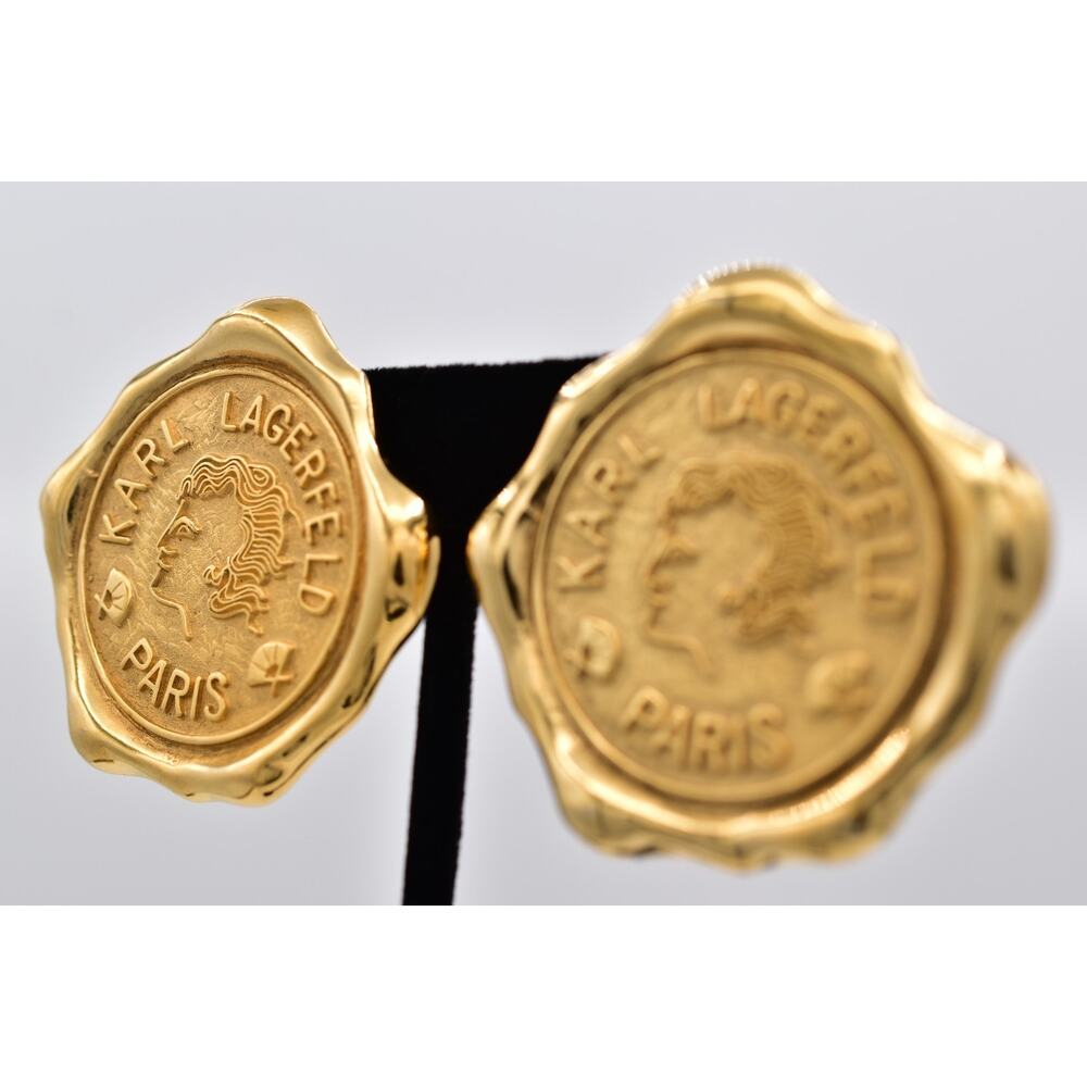 Karl Lagerfeld Vintage Logo Seal Clip On Earrings Paris Medallion Gold 80s Bin5 - Picture 4 of 12